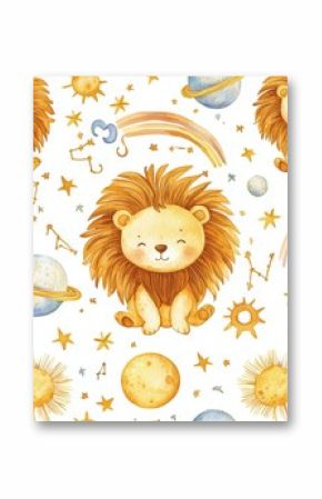 A watercolor lion seamless pattern, zodiac symbols, and horoscope illustration for kids