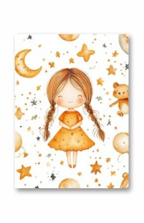 Kids horoscope illustration with watercolor girl seamless pattern, zodiac signs and zodiac signs