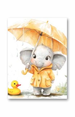 Cartoon elephant and duck under umbrella. Animal illustration for kids.