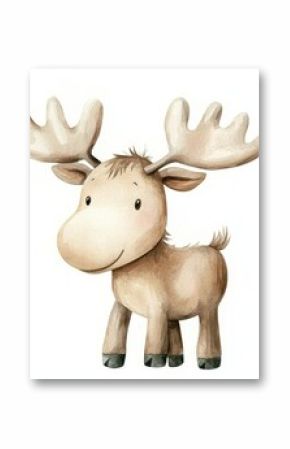 Children's watercolor illustration of a moose. Arctic animal illustration