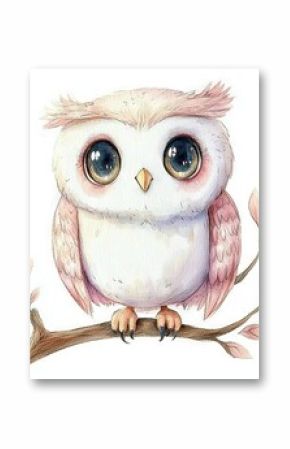 A watercolor illustration of an owl. An Arctic animal illustration for children