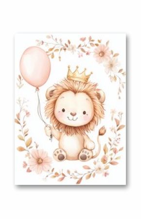 A watercolor template featuring a lion on a balloon for use in nursery, baby showers, or birthday party invitations