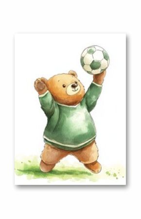 Children's watercolor illustration of a bear goalkeeper playing football