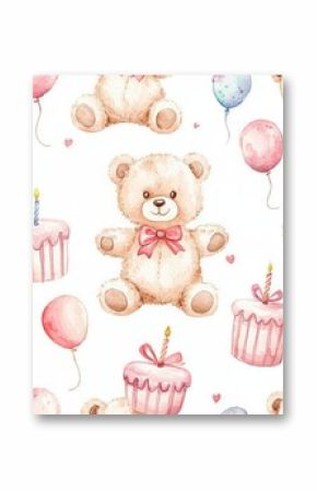 Illustration for kids of a bear in watercolor seamless pattern