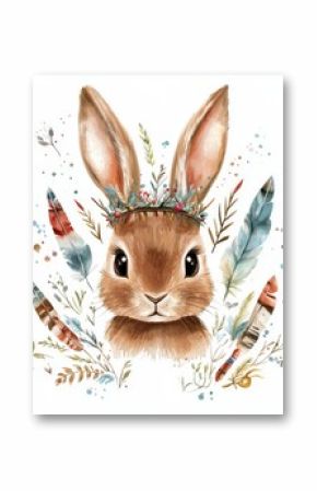 Bunny with bohemian accessories in watercolor, illustration for kids