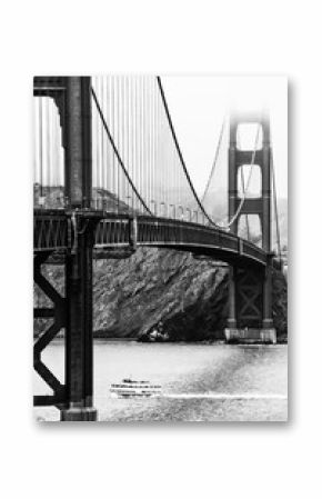 Golden Gate bridge in black and white with foggy sky in winter