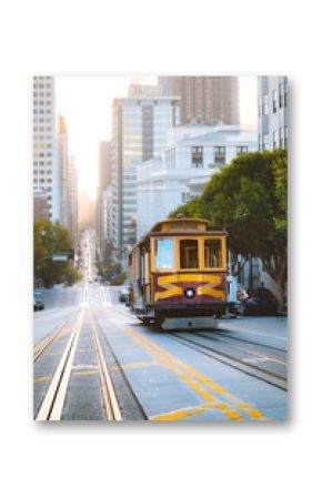 Historic San Francisco Cable Car on California Street at sunrise, California, USA