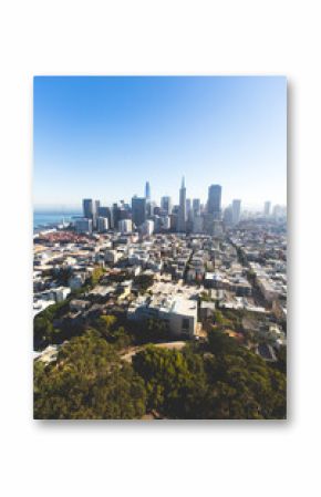 Beautiful super wide-angle aerial view of San Francisco, California, with Bay Bridge, Downtown, Ferry Market, and skyline scenery beyond the city, seen from the observation deck of Coit Tower