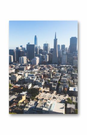 Beautiful super wide-angle aerial view of San Francisco, California, with Bay Bridge, Downtown, Ferry Market, and skyline scenery beyond the city, seen from the observation deck of Coit Tower