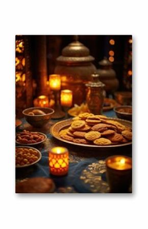 "Festive feast on blue tablecloth, gold trays of cookies and chips, lit candles, Indian celebration ambiance"