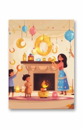 A festive family gathering around a fireplace filled with lit candles and balloons, celebrating in a room adorned with decorations