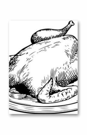 roasted turkey on oval platter is being illustrated in engraved line art, transparent background