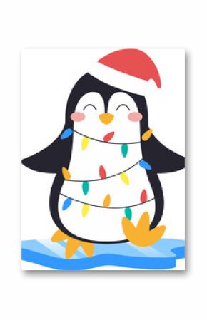 Flat design penguin is wearing Santa hat with multicolored lights on ice, transparent background