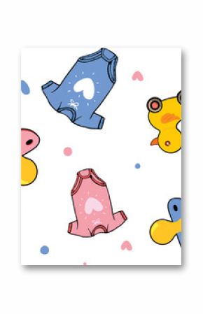 Showing flat pastel rompers, pacifiers, yellow duck toy, hearts and dots on transparent background