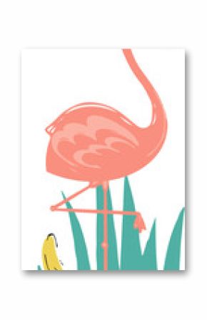 Flat pink flamingo is balancing on one leg with yellow banana in teal grass transparent background