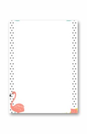 Vector frame is showing tropical leaves, pink flamingo and yellow bananas on transparent background