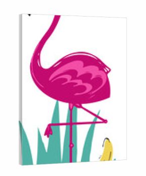 Cartoon-style pink flamingo is balancing on one leg with banana and grass, transparent background