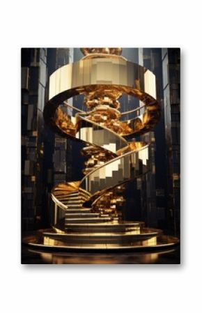 Golden staircase sculpture in futuristic room
