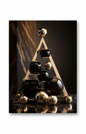 Gold geometric ball sculpture on top of marble spheres