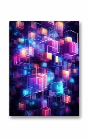 Vibrant digital artwork of colorful geometric shapes in a dark space