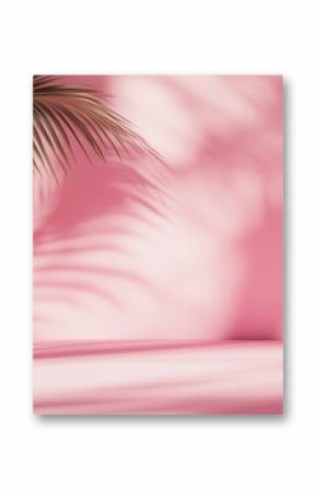 Palm leaf casting shadows on a pink wall and floor, creating an abstract backdrop