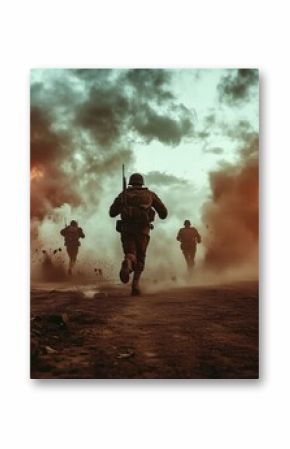 Soldiers Running from Explosion in Dusty Battlefield with Determination, Grit and Survival