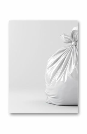 A full tied white plastic trash bag on a white background with smooth surface