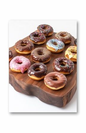 Delicious Assorted Donuts Displayed on Wooden Board, Perfect for Sweet Treats