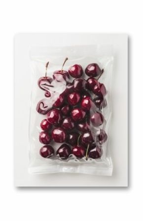 Fresh Red Cherries in Clear Plastic Bag on White Background Top View for Sale