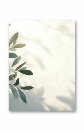 Green leaves branch with soft shadows on white wall for nature background