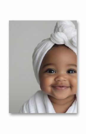 Adorable baby girl wearing white towel on head smiles sweetly with bright eyes in studio shot