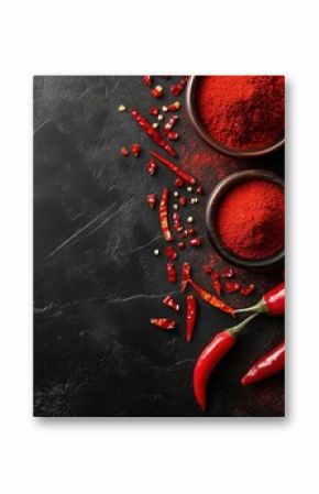 Red hot chili peppers and powder in bowls scattered on a dark background, view from above