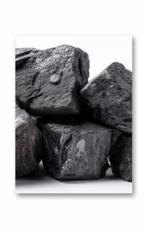 Pile of Black Coal Pieces on White Background, Energy Source Still Life, Mining Industry