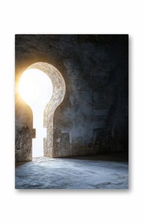 "A stone archway with sunlight shining through a keyhole"
