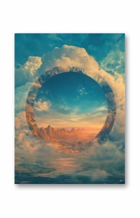 Circular rainbow portal amidst clouds and mountains