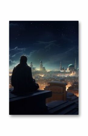 Lonely figure gazing at futuristic cityscape under night sky