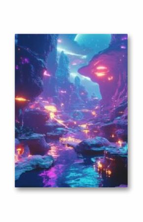 "Vibrant fantasy landscape with colorful rocks and lush greenery under the moon"