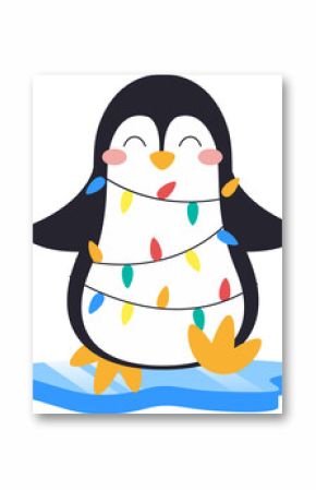 Flat cartoon penguin is standing on ice patch wearing multicolored lights on transparent background