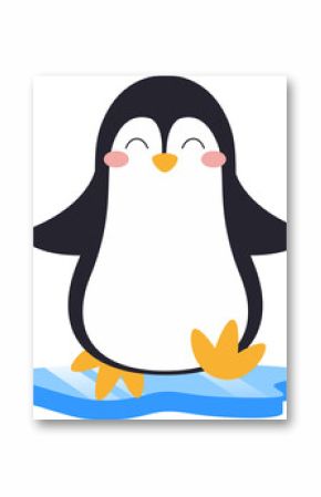 Cartoon penguin is standing on ice floe with glossy sheen in flat design, transparent background