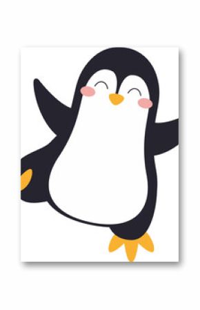 Flat cartoon penguin is dancing on transparent background with pink cheeks, orange beak