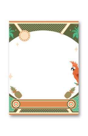Flat design frame is showing palms, pineapples and parrot on transparent background, copy space