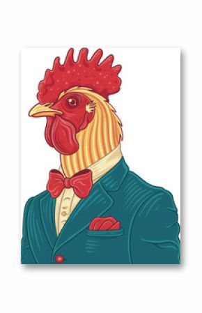 Gentleman rooster is wearing teal jacket and red bow tie in flat cartoon, transparent background