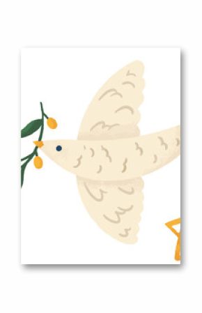 Sketch dove is carrying olive branch near blue star and yellow Star of David, transparent backdrop