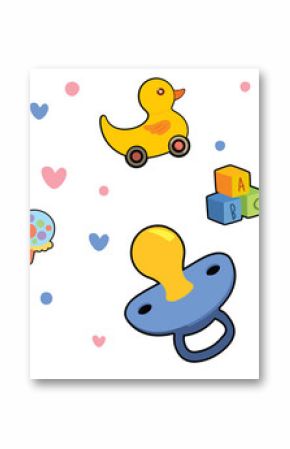 Transparent pattern showing baby items featuring pacifiers, onesies, rubber duck and ABC blocks
