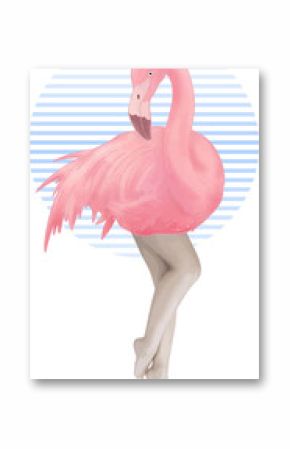 Surreal flamingo-human hybrid is standing in flat illustration, with striped circle, transparent