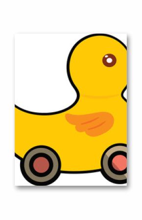 Clip-art style yellow duck toy is being shown on transparent background, with four circular wheels