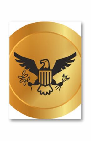 Flat gold coin is showing heraldic eagle with shield olive branch arrows on transparent background