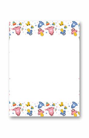 Flat design baby border is showing pacifier, bottle, duck on transparent background, copy space