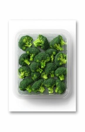 Fresh Broccoli Florets Arranged in a Clear Plastic Container, Displayed on White Background