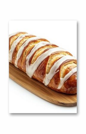 Delicious iced sweet bread loaf on wooden board, ready to serve and eat